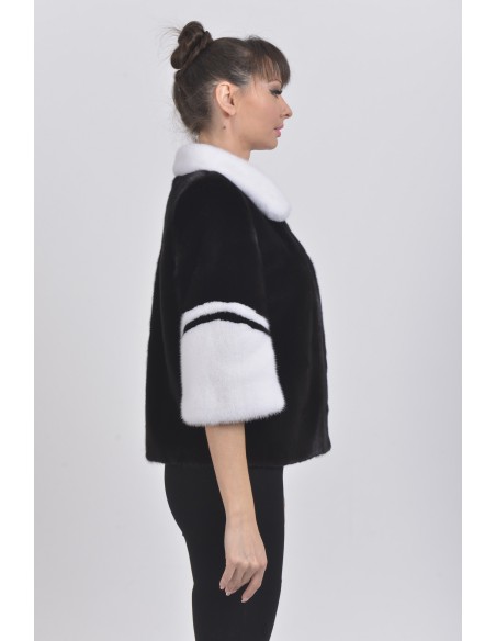 Black and white mink jacket with 3/4 sleeves right side