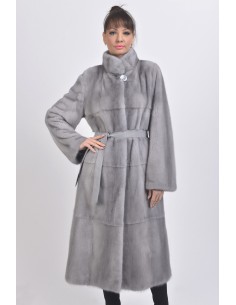 Blue-grey mink coat with leather belt front side