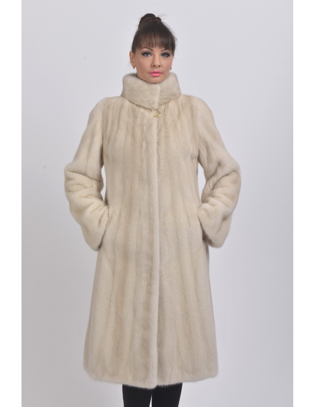 Pearl white mink coat with high fur 