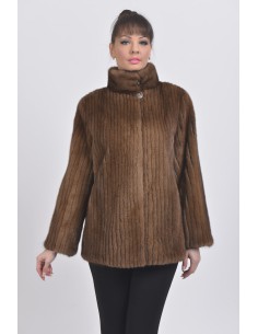 Brown mink jacket with high fur collar front side