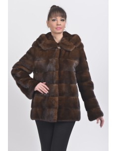 Brown mink jacket with hood front side